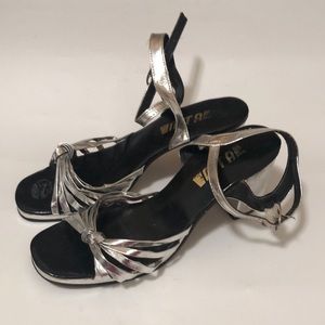 Vintage MTA Silver Metallic Block High Heel Slingback Shoes Women’s 7.5 Open Toe